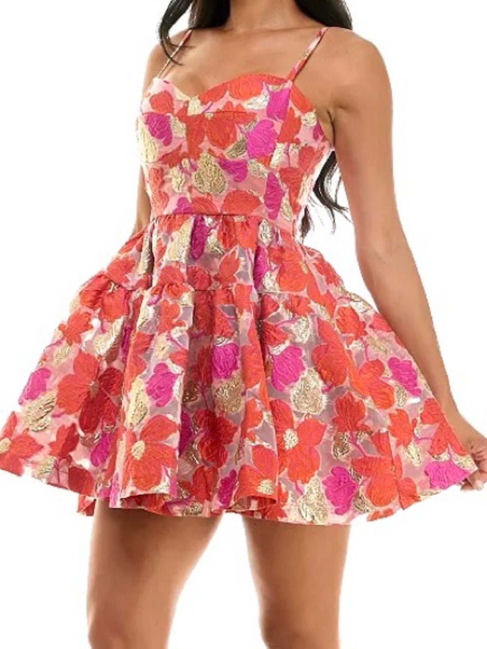 Violet Weekend Juniors Metallic Jacquard Fit & Flare Dress Orange Pink Gold NWT